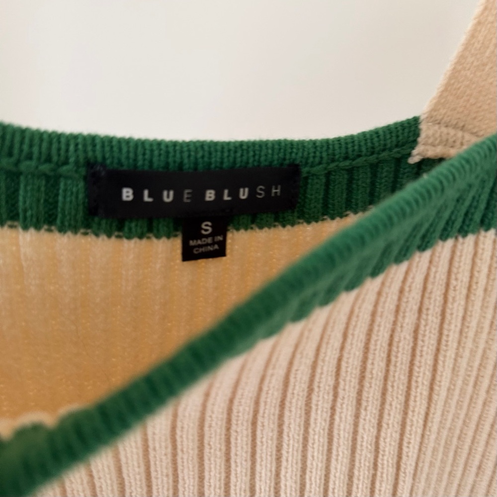 Ribbed Knit Square Neck Striped Tank Top in Cream/Green - S - Picture 3 of 4